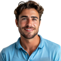 fechar acima retrato do jovem sorridente bonito homem dentro azul pólo camisa em isolado transparente fundo png