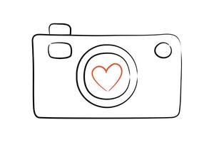 Outline Camera with a Heart in the Lens. Moment of love. To take a photo. Pencil drawing. Snapshot. Photograph. Isolated object. Line drawing doodle. illustration. vector