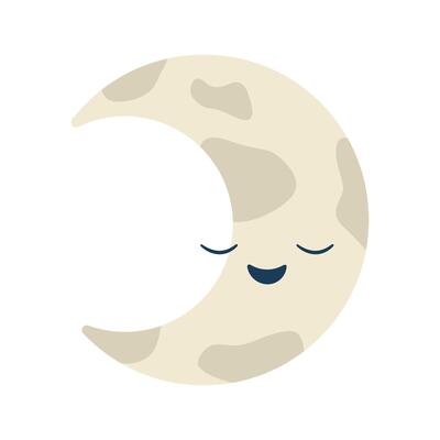 Kawaii moon crescent. Cute character for child. Smiling white partial moon with spots sleeps. Lunar crescent. Night luminary. Isolated. Neutral colors. Flat style. illustration.