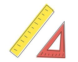 Set of rulers. Triangular ruler. Doodle. Stationery items. Office tools. Measuring lengths, angles. Subjects for a math lesson. Back to school. Isolated. Color image with outline. illustration. vector