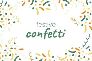 Festive cofetti in frame with space for text. Border made of firecrackers. Curls, ribbons. Decoration for Birthday, New Year, Christmas. Flat style. Color image - green, yellow. illustration vector