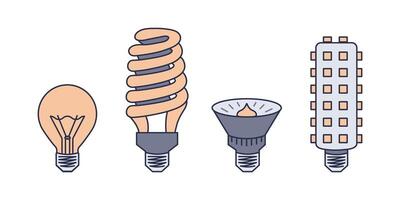 Set of types of lamps - incandescent, fluorescent, halogen, LED. 4 types of light bulbs. Lighting equipment. Electricity. Different variants. Color icon with outline. Flat style. illustration vector