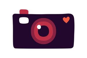 Camera doodle style. Flash heart. Photograph. Front view of DSLR camera. Lens of technology. Heart shape. To take a photo. Color image. Isolated object. illustration. vector