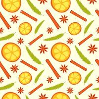 Piece of orange, cinnamon, Christmas tree. Seamless Christmas spice pattern. Citrus, star anise, cinnamon stick. New Year holiday print. Coniferous branch and fruit. Color image. illustration vector