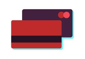 Bank card on both sides. Plastic debit or credit card. Non-cash payment method. Personal finance. Isolated object with shadow. Color icon - red, purple and blue. illustration. vector