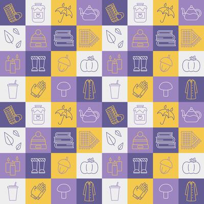 Square pattern outline autumn icons. Warm clothes - socks, hats, scarf. Tea drinking - jam, teapot, tea. Umbrella rain. Pumpkin and acorn. Leaves, mushroom. Books and candles. Coat, gloves.