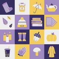 Square pattern autumn icons. Woolen socks, hats, scarf. Scottish print. Jam, kettle, tea. Pumpkin and acorn. Umbrella with rain. Leaves, mushroom. Books and candles. Raincoat. illustration vector