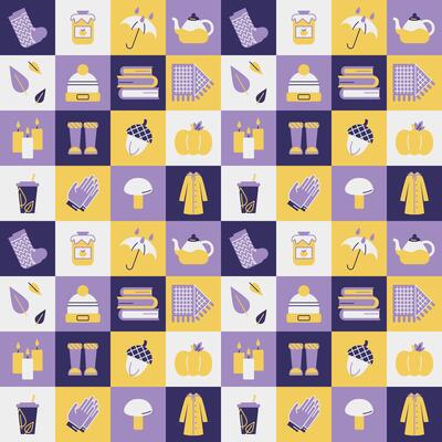 Square pattern set of autumn items. Warm clothes, activities, hobbies, food and harvest. Leaves, umbrella, rain. Reading books. Jam, mushroom, acorn. Colored icons. Purple, yellow. illustration