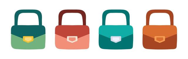 conjunto de pequeño mujer bolso en diferente colores. señoras mini compacto bolso con metal corchete. embrague, bolso con manejar. de moda accesorio hecho de eco cuero. atractivo estilo. ilustración. vector