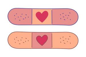 Set of plaster with a heart. Heal with love. Patches. Quick help. Band-Aid. Concept care. Doodle style. Isolated medical objects. Color image with outline. illustration. vector