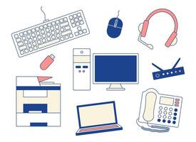 Set office IT equipment. Computer, laptop. Keyboard, mouse and headset. MFP, telephone PBX. USB flash. Collection Technologies. Scanner, printer. Router. Color image with stroke. illustration vector