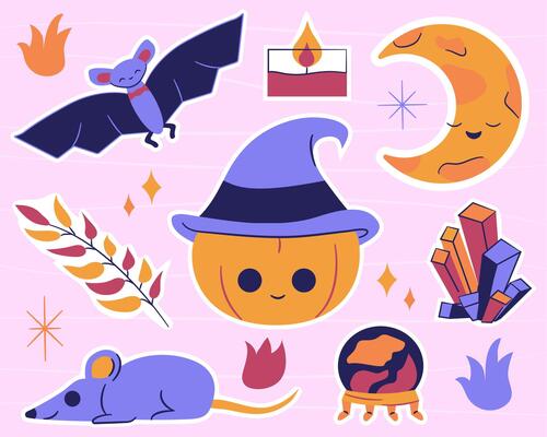 Stickers of magic and Halloween items - pumpkin with magic hat, crystal ball, crescent moon, cluster of crystals, burning candle, bat, mouse, branch of autumn leaves. Flat style. illustration