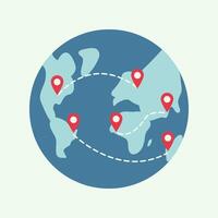 Planet Earth with routes. Map pin icon. Traveling between continents, oceans. Dotted lines. Airplane flights between countries. Direction marker. Color image - blue, red. Isolated. illustration vector