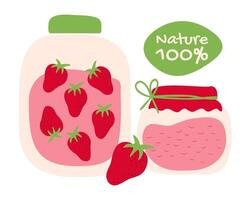 Canning strawberries - compote and jam in glass jars. Berry harvest. Homemade. Vegan farm food. Ingredient for canned food. Sweet. Text 100 Natural. Color image. illustration. vector