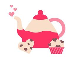 Tea party. Teapot with sweets. Muffin, cookies in shape of heart. Chocolate chip cupcake. Kettle with steam hearts. Element Valentine Day. Color image - pink, beige. Flat style. illustration. vector