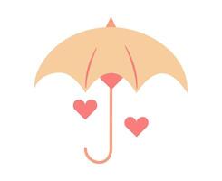 Open umbrella with heart rain. Falling heart shapes. Hide feelings. Elements of Valentine Day. Color image - pink, beige. Flat style. illustration. vector