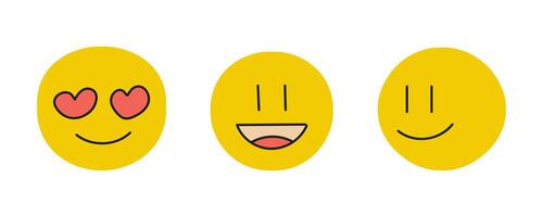 conjunto de amarillo redondo emojis en amar, riendo y sonriente emoticono mensajes en un social red. aislado. plano estilo. ilustración. vector