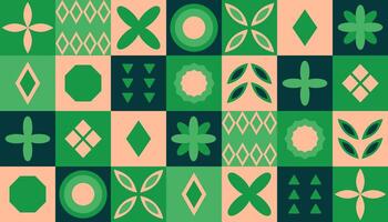 Geometric Square Pattern Green, Peach Fuzz. Bauhaus. Modern abstract background. Ecological bio print. Symmetrical Shapes - triangle, circle, square, flower. Flat minimalist design. Wrapping vector