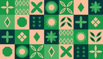 Geometric Square Pattern Green, Peach Fuzz. Bauhaus. Modern abstract background. Ecological bio print. Symmetrical Shapes - triangle, circle, square, flower. Flat minimalist design. Wrapping vector