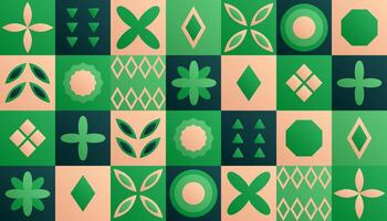 Geometric Gradient Pattern. Green and peach. Geometry shapes. Square checkerboard print. Symmetrical figures. Rhombus, triangle and circle. Ecology, nature. Color image. illustration. vector