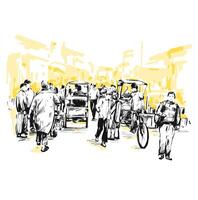 Drawing of people walking at local market in India yellow background vector