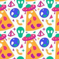 Space pattern on a white background for children. Seamless UFO print. Flying saucer, alien, planet. Galaxy, stars and earth. Direction Arrow. Vivid Color Image. Doodle style. illustration. vector