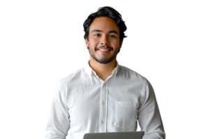 Young man standing holding laptop and looking at camera on isolated transparent background png