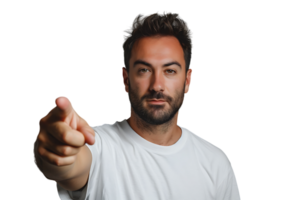 Portrait of man pointing at camera on isolated transparent background png