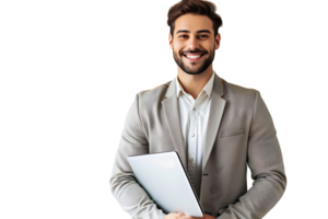 Young man standing holding laptop and looking at camera on isolated transparent background png