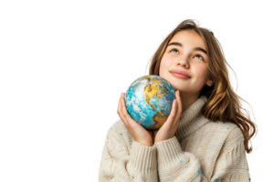 Young female dreaming and holding globe with one hand on isolated transparent background png