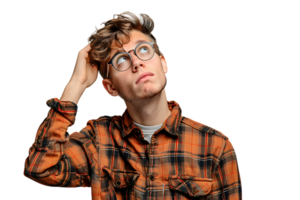 Young doubtful man thinking, scratching head and trying to find solution on isolated transparent background png