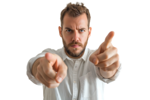 Portrait of man pointing at camera on isolated transparent background png