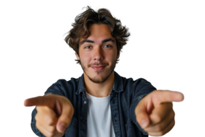 Portrait of man pointing at camera on isolated transparent background png