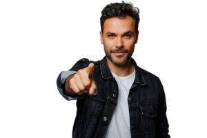 Portrait of man pointing at camera on isolated transparent background png