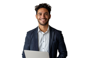 Young man standing holding laptop and looking at camera on isolated transparent background png