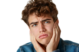young male holding her cheek with hand, suffering from bad tooth ache on isolated transparent background png