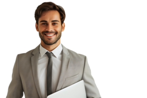 Young man standing holding laptop and looking at camera on isolated transparent background png