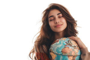 Young female dreaming and holding globe with one hand on isolated transparent background png