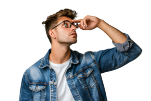 Young doubtful man thinking, scratching head and trying to find solution on isolated transparent background png