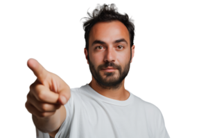 Portrait of man pointing at camera on isolated transparent background png