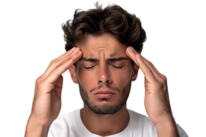 Man suffering from headache, pressing fingers to temples with closed eyes on isolated transparent background png