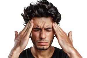 Man suffering from headache, pressing fingers to temples with closed eyes on isolated transparent background png