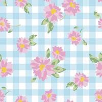 Hand drawn flower pattern on gingham checkered background vector