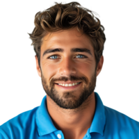 Close up portrait of young smiling handsome man in blue polo shirt on isolated transparent background png