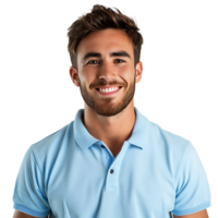 cerca arriba retrato de joven sonriente hermoso hombre en azul polo camisa en aislado transparente antecedentes png