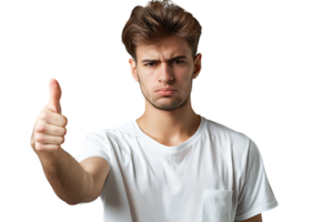 Unhappy man doing thumbs up on isolated transparent background png