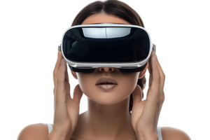 jung Mädchen erkunden riesig Chancen von virtuell Wirklichkeit mit vr Headset auf isoliert transparent Hintergrund png