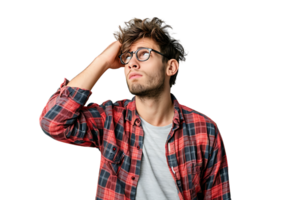 Young doubtful man thinking, scratching head and trying to find solution on isolated transparent background png