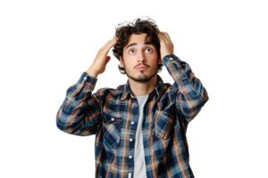 Young doubtful man thinking, scratching head and trying to find solution on isolated transparent background png