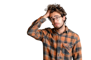 Young doubtful man thinking, scratching head and trying to find solution on isolated transparent background png